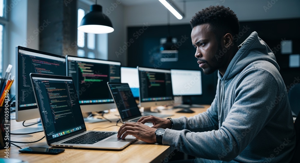 African web developer coding on laptop intense concentration hoodie and jeans tech office with multiple monitors early thirties male African web developer coding on laptop intense concentration hoodie and jeans tech office with multiple monitors early thirties male