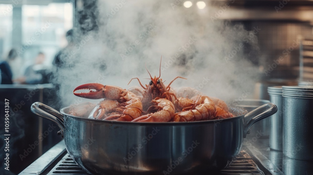 Whole lobster simmering in a large pot, with steam rising, capturing the cooking process Whole lobster simmering in a large pot, with steam rising, capturing the cooking process
