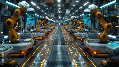 A futuristic factory interior featuring robotic arms and automated machinery working along a conveyor belt, illuminated by bright lights and blue accents.