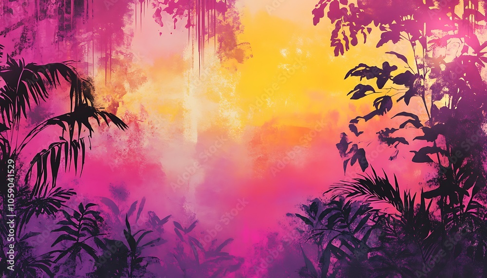 Silhouetted Tropical Leaves Against a Watercolor Sunset Sky