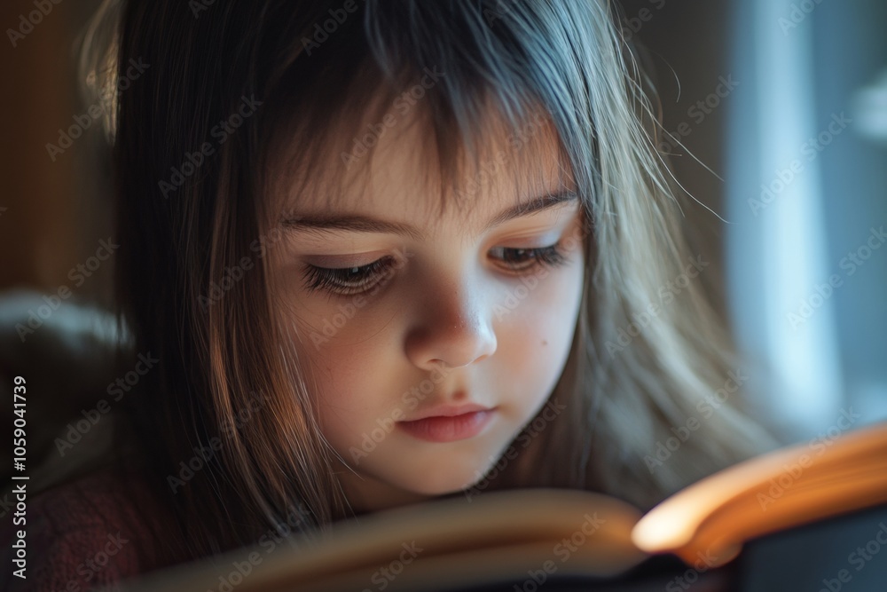 A young girl is deeply engrossed in a book, illuminated by soft, warm light that filters through a nearby window, creating a serene atmosphere A young girl is deeply engrossed in a book, illuminated by soft, warm light that filters through a nearby window, creating a serene atmosphere