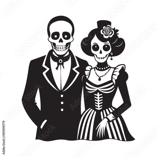 A skeleton couple dressed in formal attire, holding hands. Stylized Skeleton Bride and Groom Illustration for Halloween. Perfect for Halloween, Day of the Dead, or gothic-themed designs.