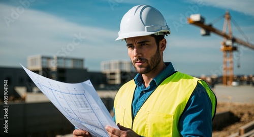 Caucasian engineer with blueprint focused look high visibility vest and helmet construction site background early thirties male