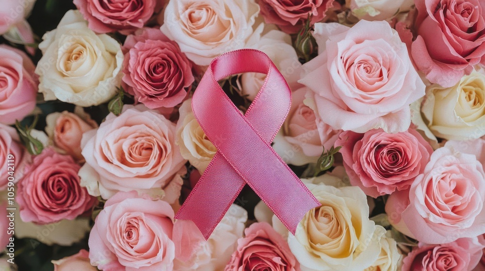 Pink breast cancer ribbon on bed of roses, soft focus, floral and supportive banner Pink breast cancer ribbon on bed of roses, soft focus, floral and supportive banner