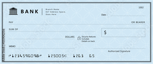 Blue Bank check, vector blank money cheque, checkbook template with guilloche pattern and fields. Currency payment coupon, money check background	