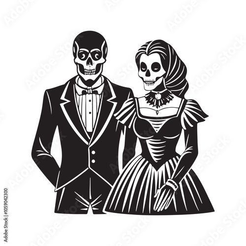 A skeleton couple dressed in formal attire, holding hands. Stylized Skeleton Bride and Groom Illustration for Halloween. Perfect for Halloween, Day of the Dead, or gothic-themed designs.