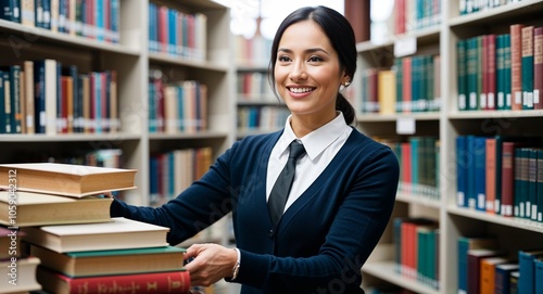 Caucasian librarian organizing books gentle smile wearing formal cardigan library background with shelves late thirties female