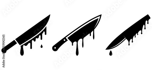 Bloody knife. Murder weapon with red blood stains. Criminal vector illustration. Clipart image isolated on white background