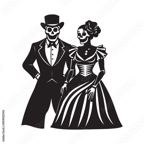 A skeleton couple dressed in formal attire, holding hands. Stylized Skeleton Bride and Groom Illustration for Halloween. Perfect for Halloween, Day of the Dead, or gothic-themed designs.