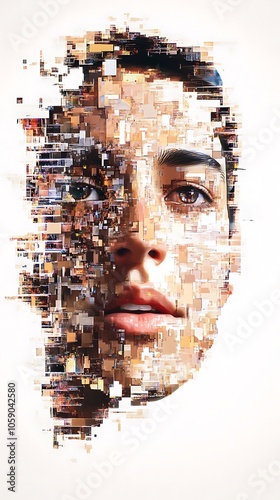 Abstract portrait of a person's face made of colorful pixelated blocks