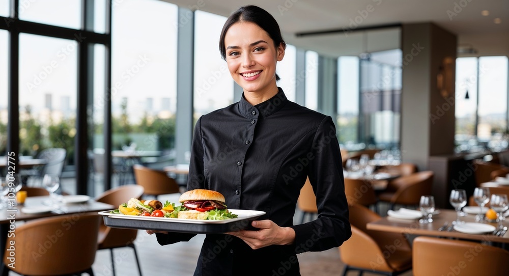 Caucasian waiter carrying food tray polite smile black uniform restaurant dining area background early twenties female