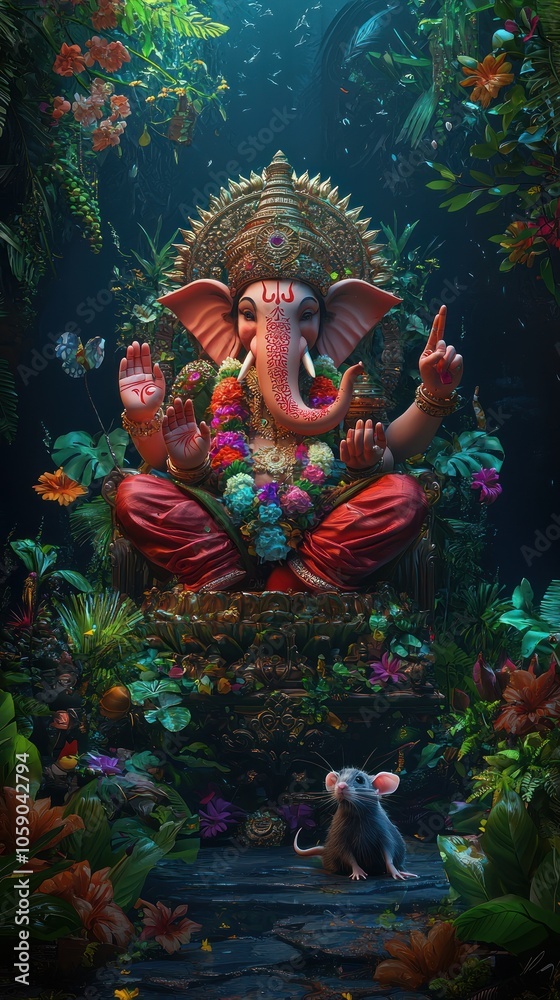 Ganesha sitting on the throne, with his mouse by his side, colorful floral background, detailed illustration, full-body portrait, detailed face and eyes, smiling, smiling mouth, Ganesha sitting on the throne, with his mouse by his side, colorful floral background, detailed illustration, full-body portrait, detailed face and eyes, smiling, smiling mouth,