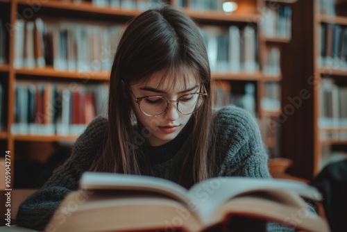 Focused on her studies, a young woman in glasses reads a book at a library. The quiet atmosphere and numerous shelves of books create a perfect learning environment