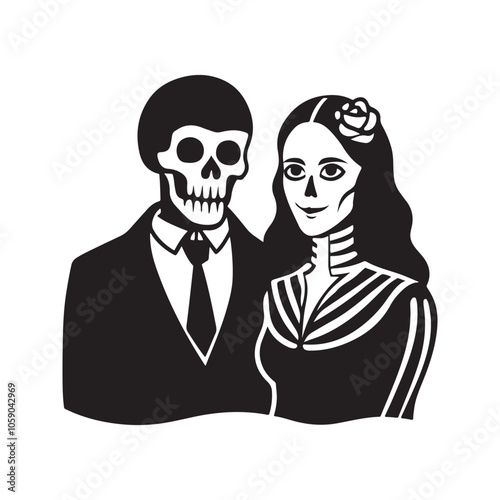 A skeleton couple dressed in formal attire, holding hands. Stylized Skeleton Bride and Groom Illustration for Halloween. Perfect for Halloween, Day of the Dead, or gothic-themed designs.