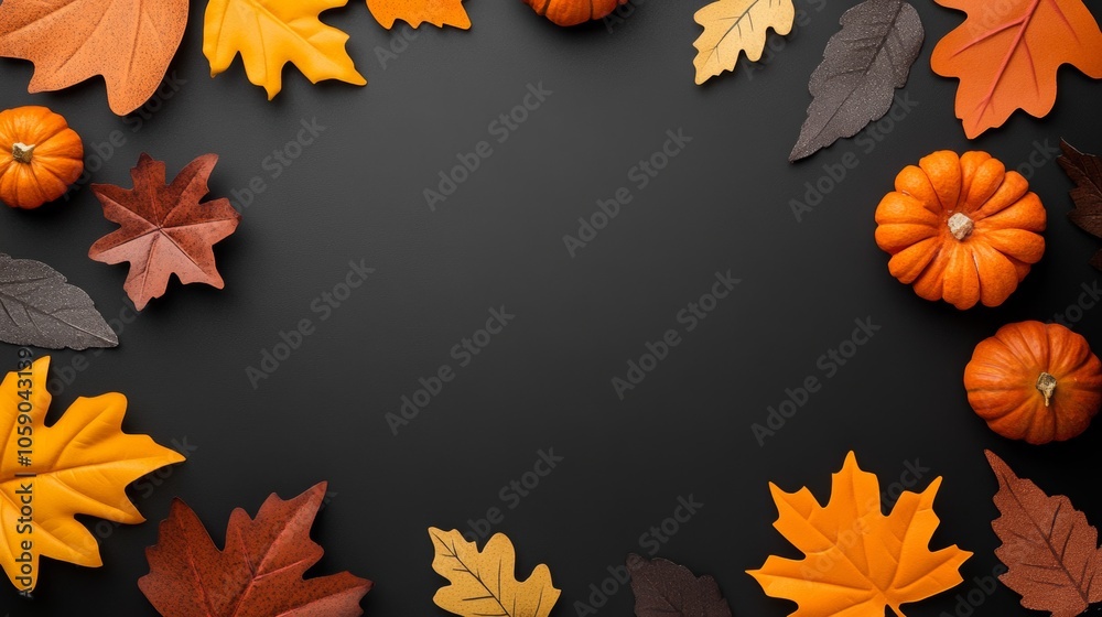Autumn Leaves and Pumpkins on Black Background Thanksgiving Fall Decor Seasonal Design Autumn Leaves and Pumpkins on Black Background Thanksgiving Fall Decor Seasonal Design
