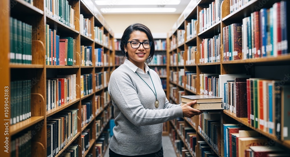 Latin librarian organizing books peaceful expression sweater with glasses library shelves filled with books late thirties female Latin librarian organizing books peaceful expression sweater with glasses library shelves filled with books late thirties female
