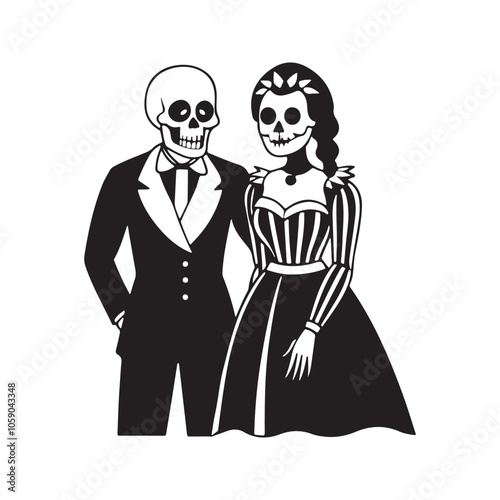 A skeleton couple dressed in formal attire, holding hands. Stylized Skeleton Bride and Groom Illustration for Halloween. Perfect for Halloween, Day of the Dead, or gothic-themed designs.
