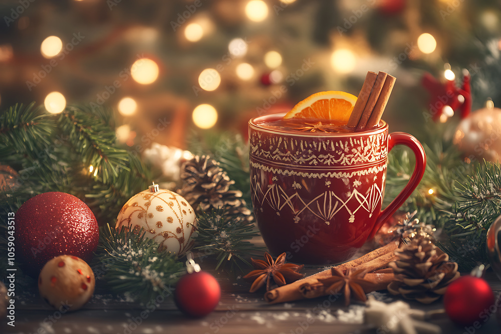 The image captures a cozy scene featuring a warm mug of mulled wine, perfect for a chilly day The image captures a cozy scene featuring a warm mug of mulled wine, perfect for a chilly day
