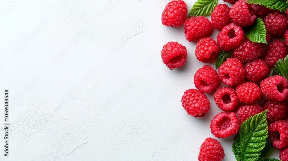 Fresh Raspberries with Green Leaves on White Background Food Photography Fresh Raspberries with Green Leaves on White Background Food Photography