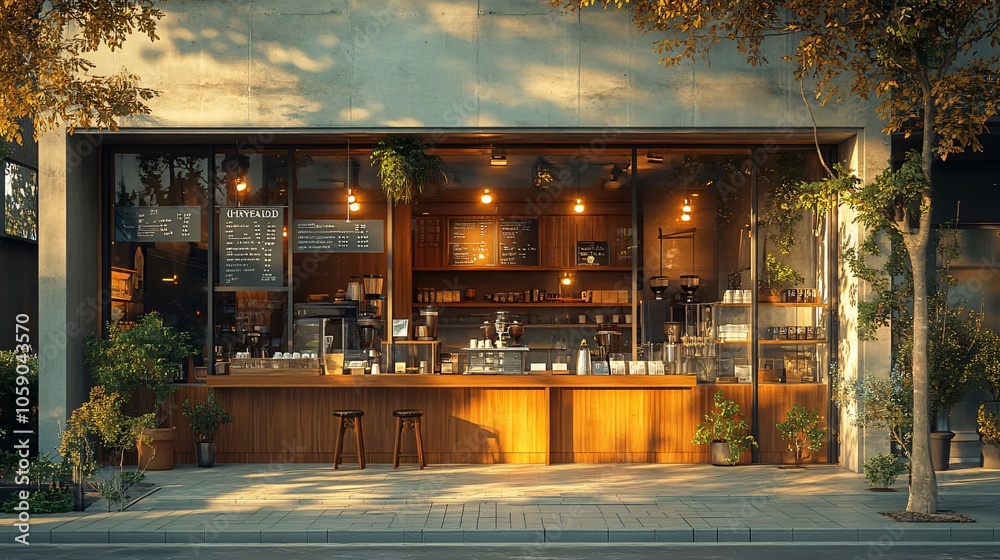 Fototapeta premium Contemporary Coffee Shop with Minimalist Design and Cozy Atmosphere