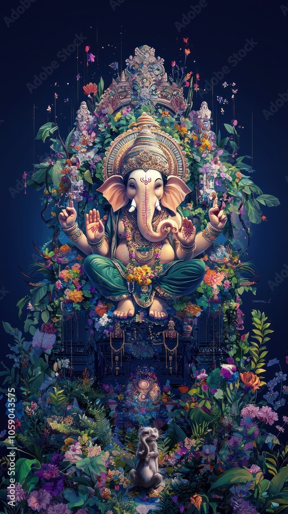 Ganesha sitting on the throne, with his mouse by his side, colorful floral background, detailed illustration, full-body portrait, detailed face and eyes, smiling, smiling mouth, Ganesha sitting on the throne, with his mouse by his side, colorful floral background, detailed illustration, full-body portrait, detailed face and eyes, smiling, smiling mouth,