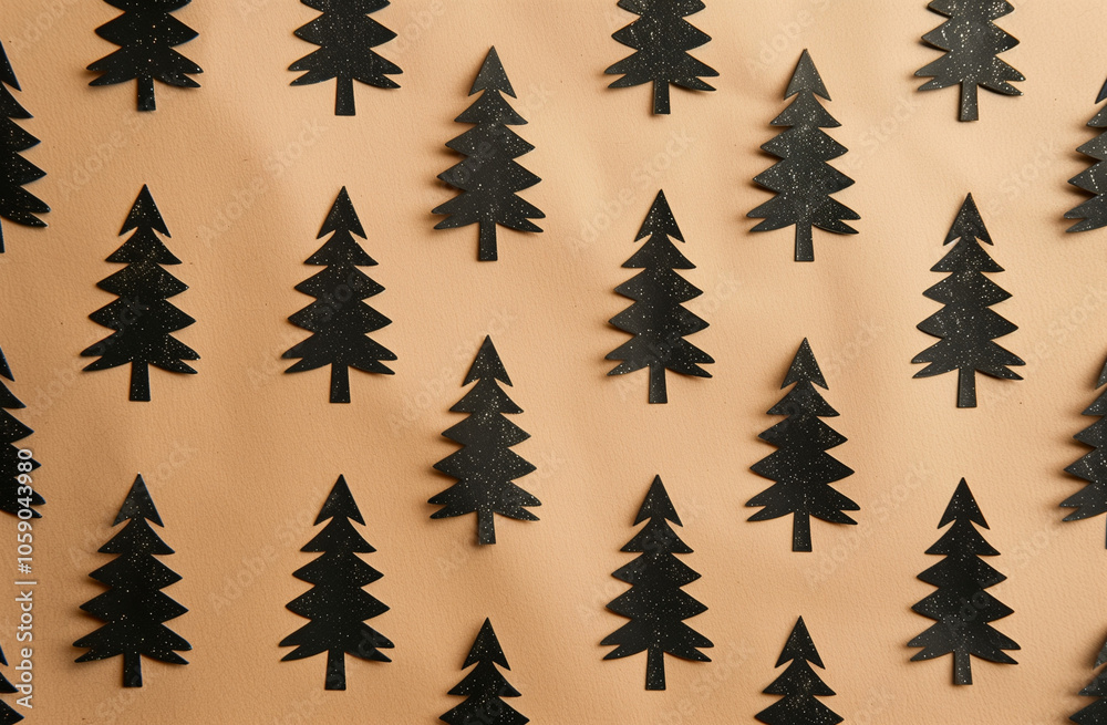 Brown kraft paper with a black Christmas tree pattern, a background for wrapping paper or packaging, a seamless pattern Brown kraft paper with a black Christmas tree pattern, a background for wrapping paper or packaging, a seamless pattern