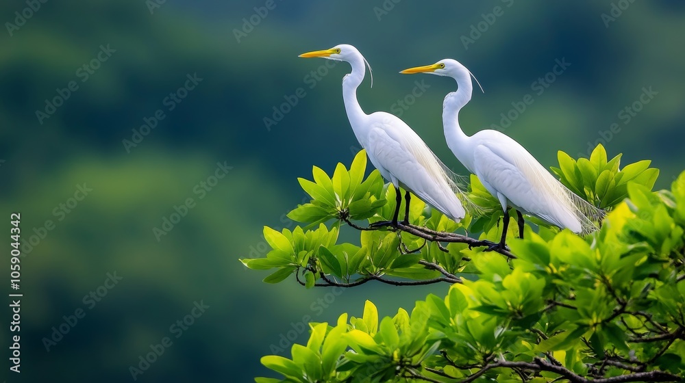 Two White Herons Perched on Tree Branch with Lush Green Foliage Two White Herons Perched on Tree Branch with Lush Green Foliage