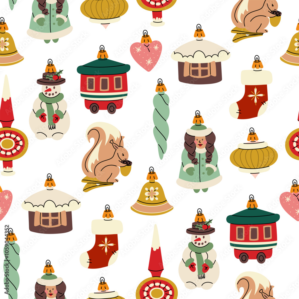 patterns of Soviet Christmas tree toys in the form of various objects, animals, people. Carriage, house, the snow maiden, the bell. Glass toys. Illustrations in vintage colors, bright new year items