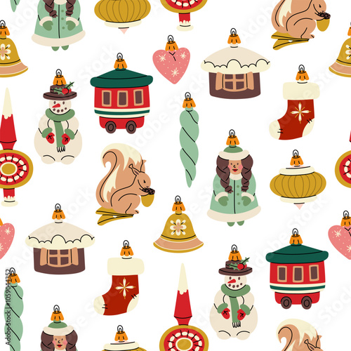 patterns of Soviet Christmas tree toys in the form of various objects, animals, people. Carriage, house, the snow maiden, the bell. Glass toys. Illustrations in vintage colors, bright new year items