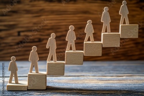 Small wooden figures ascend a series of blocks arranged like stairs, representing the journey of personal growth and continual improvement over time photo