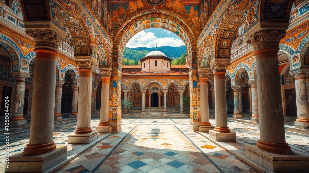 Obraz premium Colorful courtyard of the Monastery of Horezu in Romania.