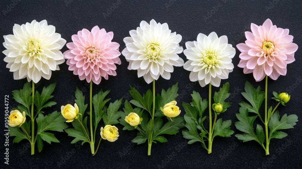 Fototapeta premium Dahlia Flowers Arrangement with Green Foliage on Black Background