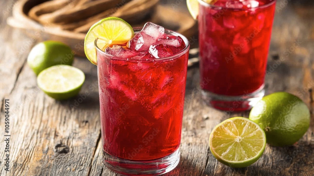Refreshing Red Beverage with Lime and Ice