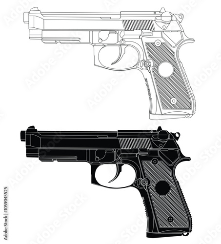 Black and white vector 9 mm police pistol