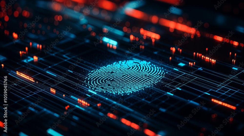 Digital fingerprint on futuristic dark interface with blue and red light elements. High tech concept for cybersecurity, biometrics and data protection visuals.