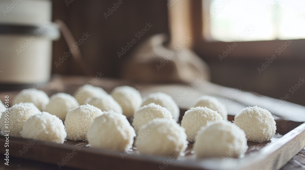 Freshly Made Coconut Balls on a Wooden Tray Freshly Made Coconut Balls on a Wooden Tray