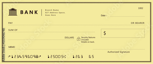 Yellow Bank check, vector blank money cheque, checkbook template with guilloche pattern and fields. Currency payment coupon, money check background	