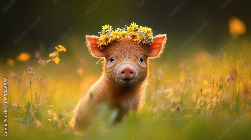 Adorable Piglet in Flowery Crown in Sunlit Field Adorable Piglet in Flowery Crown in Sunlit Field
