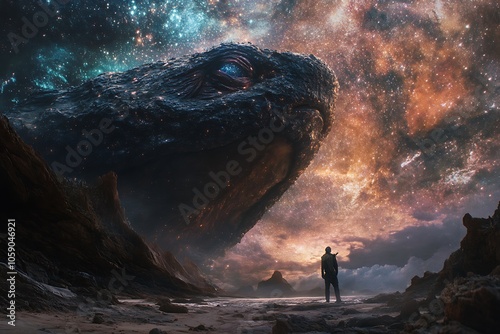 A giant cosmic turtle looms over a lone figure in a surreal, starry landscape. photo