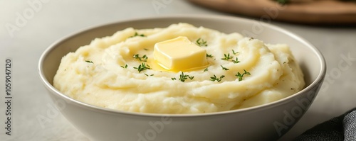 A steaming bowl of creamy mashed potatoes, garnished with butter and herbs, served as part of a Christmas meal, mashed potatoes, Christmas side dish, comfort holiday food