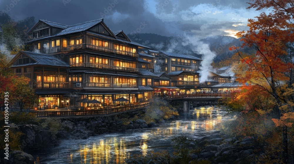Fototapeta premium Serene Mountain Resort at Dusk with River Reflection