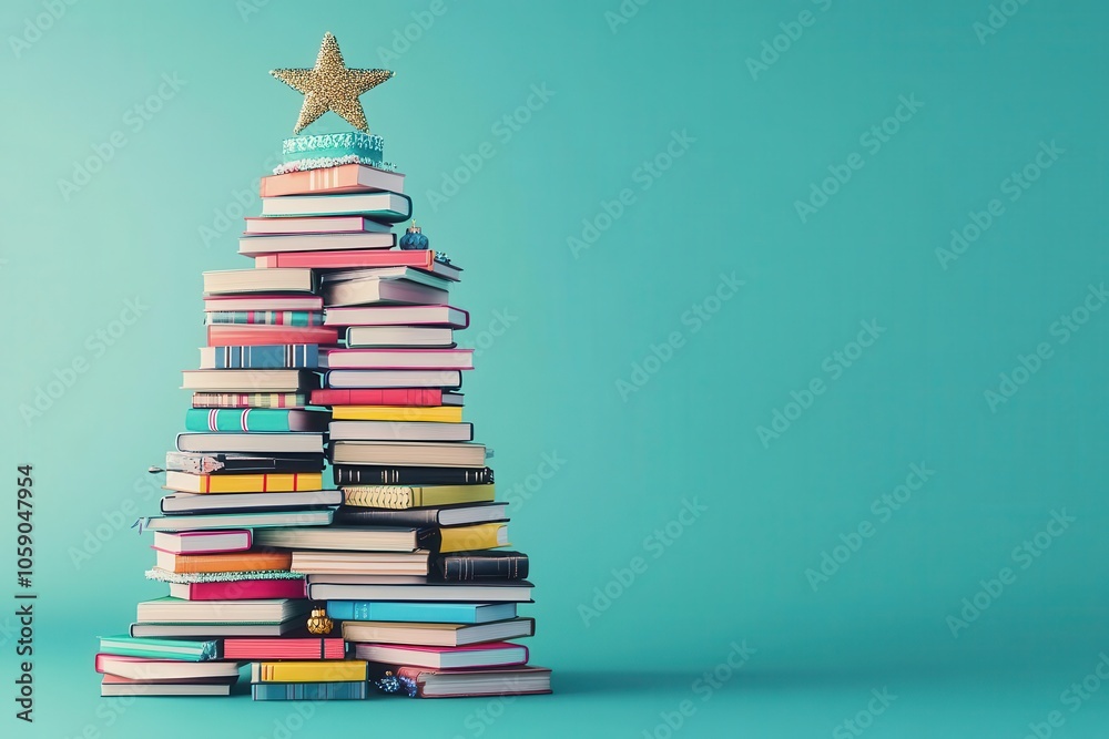 Christmas tree made of stacked school books and supplies, flat design illustration Christmas tree made of stacked school books and supplies, flat design illustration