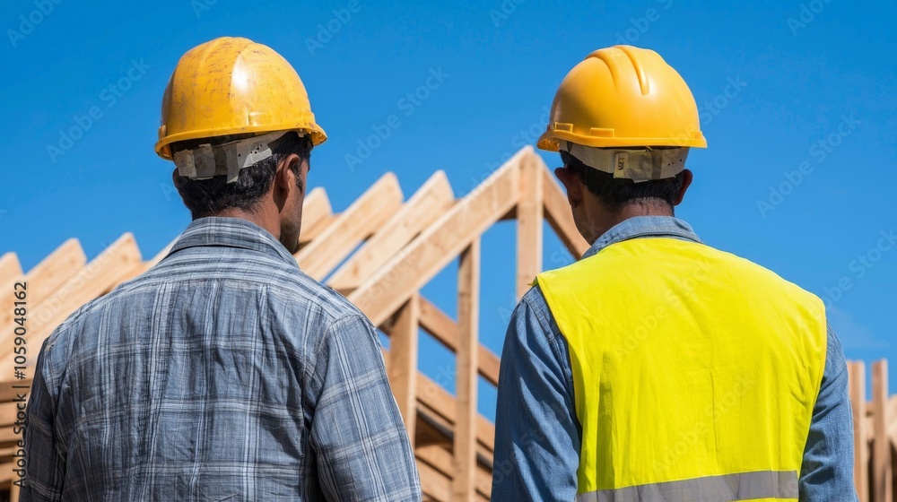 Two construction workers in safety gear observe a wooden structure under a clear blue sky.