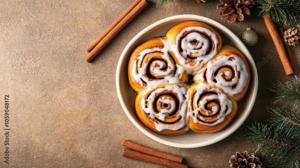 Cinnamon rolls freshly baked, drizzled with icing, surrounded by cinnamon sticks and holiday decor, Christmas morning cinnamon rolls, holiday breakfast treat Cinnamon rolls freshly baked, drizzled with icing, surrounded by cinnamon sticks and holiday decor, Christmas morning cinnamon rolls, holiday breakfast treat
