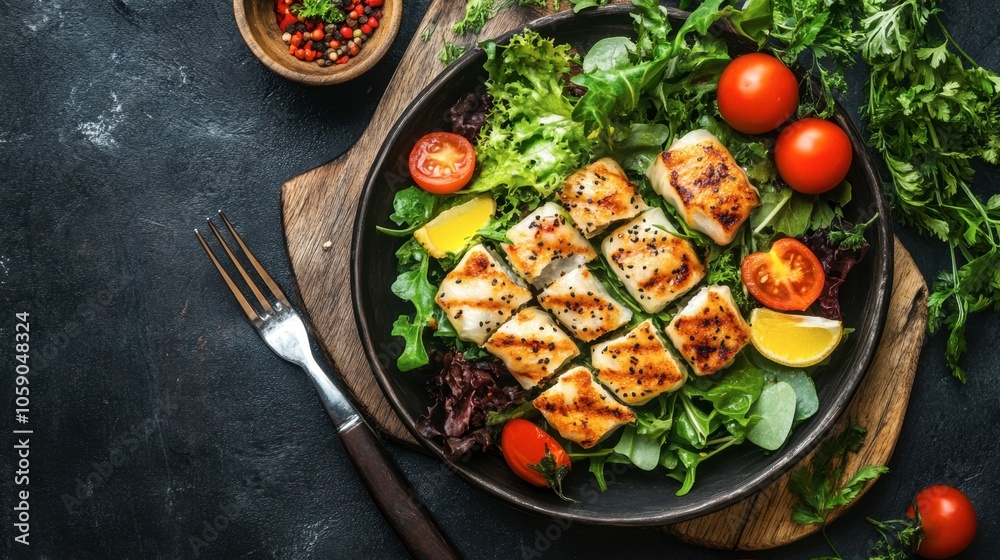 Fresh Grilled Salmon with Vegetables and Salads Fresh Grilled Salmon with Vegetables and Salads