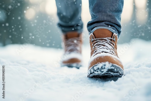 Closeup of snow crunching under boots, walking through a snowy trail, peaceful winter time