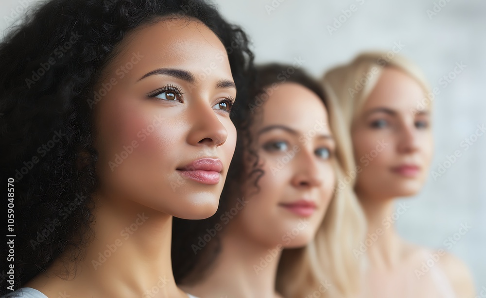 Profile Portrait of Diverse Women with Different Skin Tones and Hair Textures on Light Background, Symbolizing Strength and Unity Profile Portrait of Diverse Women with Different Skin Tones and Hair Textures on Light Background, Symbolizing Strength and Unity