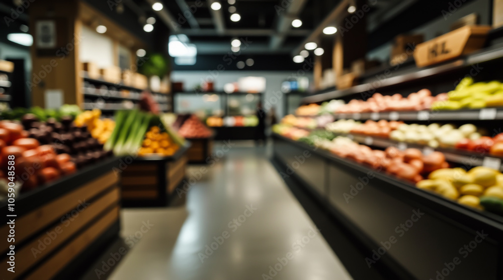 Shelves with vegetables in a store with a blurred background, creating a market atmosphere