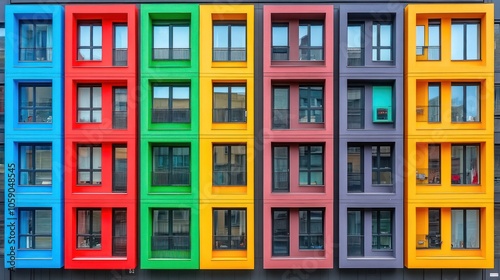 Colorful modern apartment building facade with windows.