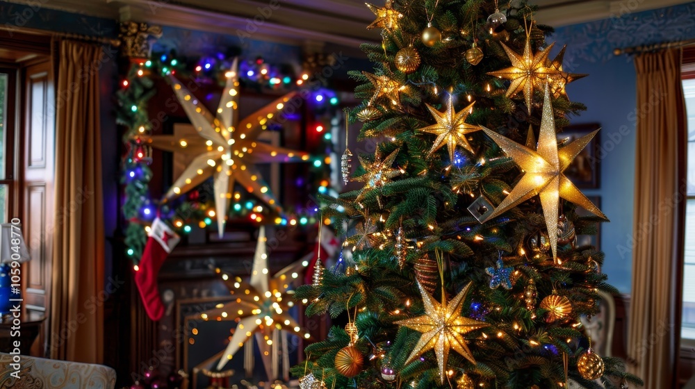 Charming christmas tree adorned with golden stars and colorful lights against a blue backdrop Charming christmas tree adorned with golden stars and colorful lights against a blue backdrop